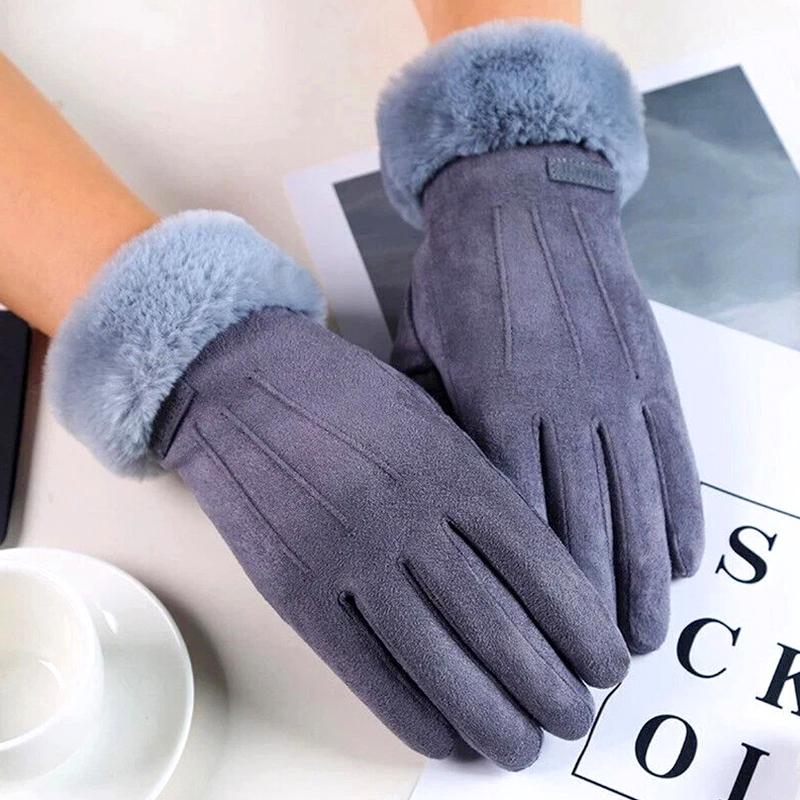 1Pair Touch Screen Winter Fleece Suede Soft Women Warm Gloves Ladies Fur Lined Thermal