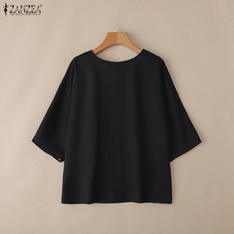 ZANZEA Women Casual Round Neck Loose Floral Short Sleeve Blouse