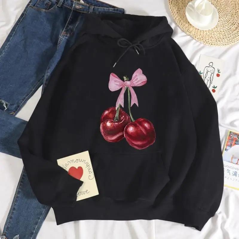 Bow Red Cherry Pattern Printing Hoodie Women Warm Hoody Trendy Casual Daily Hooded Autumn Loose Woman High Quality Aesthetic Top