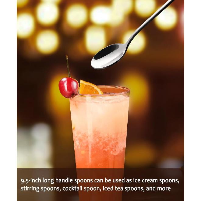 Lovingly Yours 9.5-Inch Long Spoon for Stirring, Ice Cream, Coffee, Cocktail, Stainless Steel Long Handle Iced Tea Spoons Set of 4