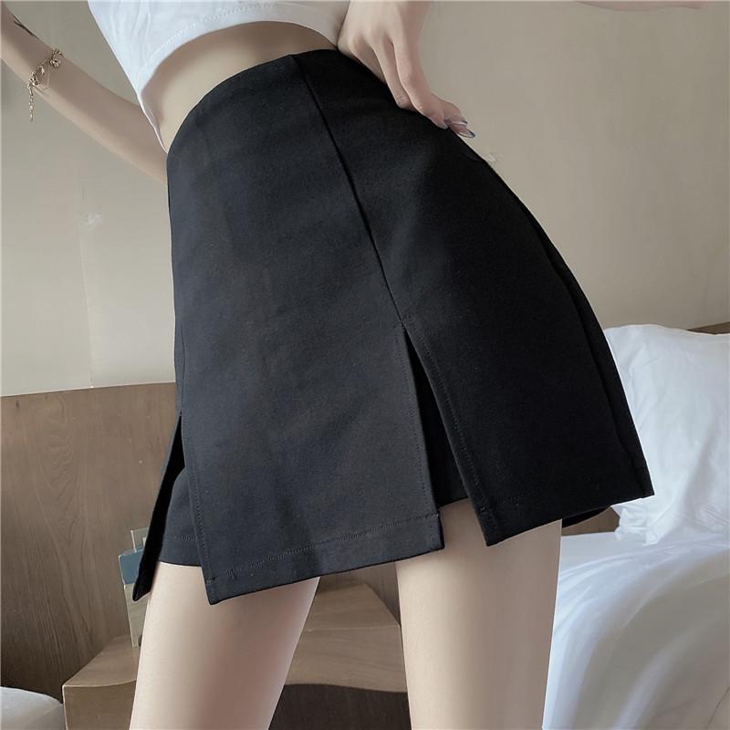 High-Waist A-Line Culottes with Slit - Black, Summer 2024 Women's Hip-Wrapping Short Skirt