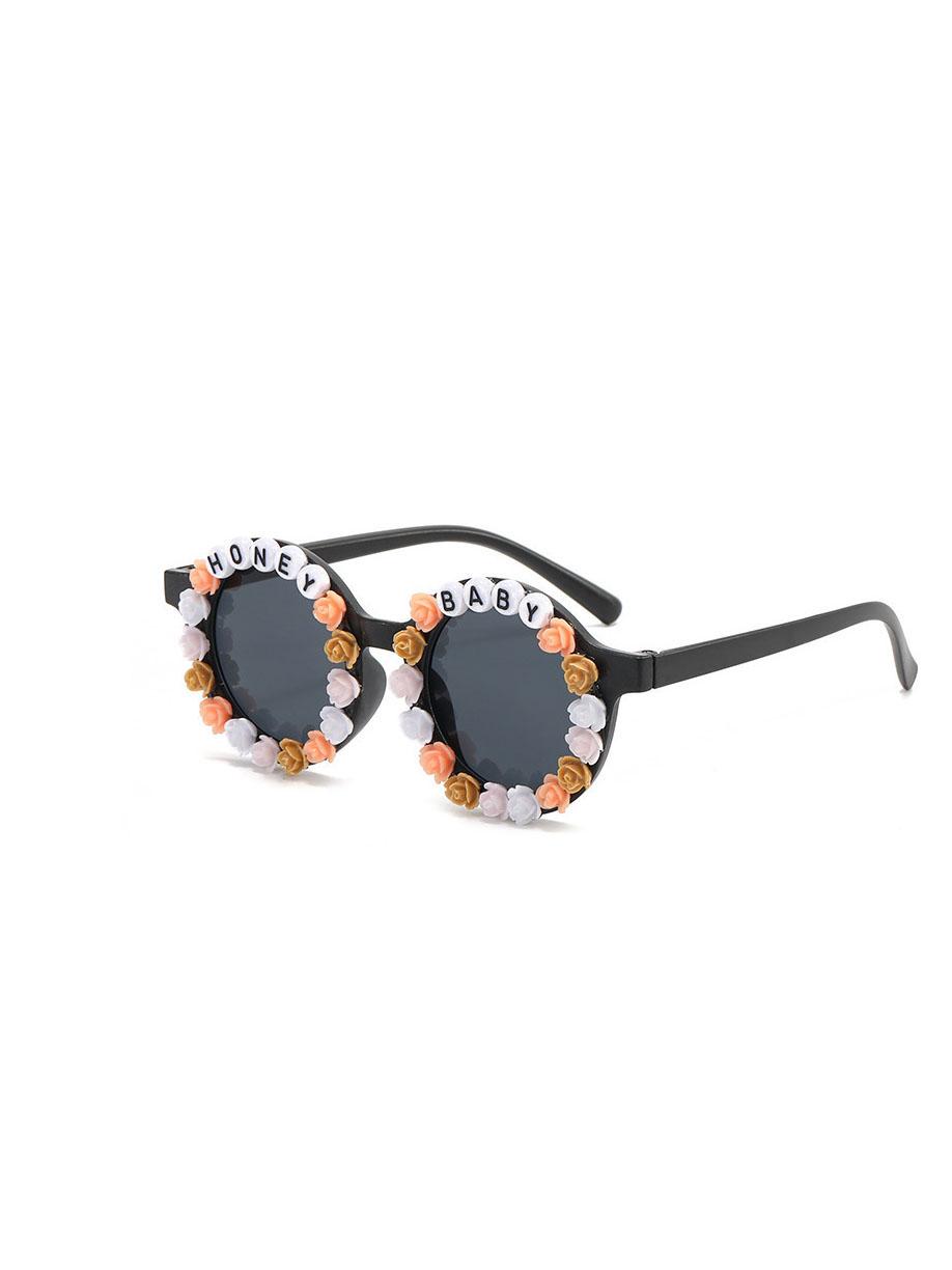 

2026 Round Floral Kids Sunglasses with HONEY BABY Letter Beads UV Protection Girls Boys Birthday Party Favors KJ284