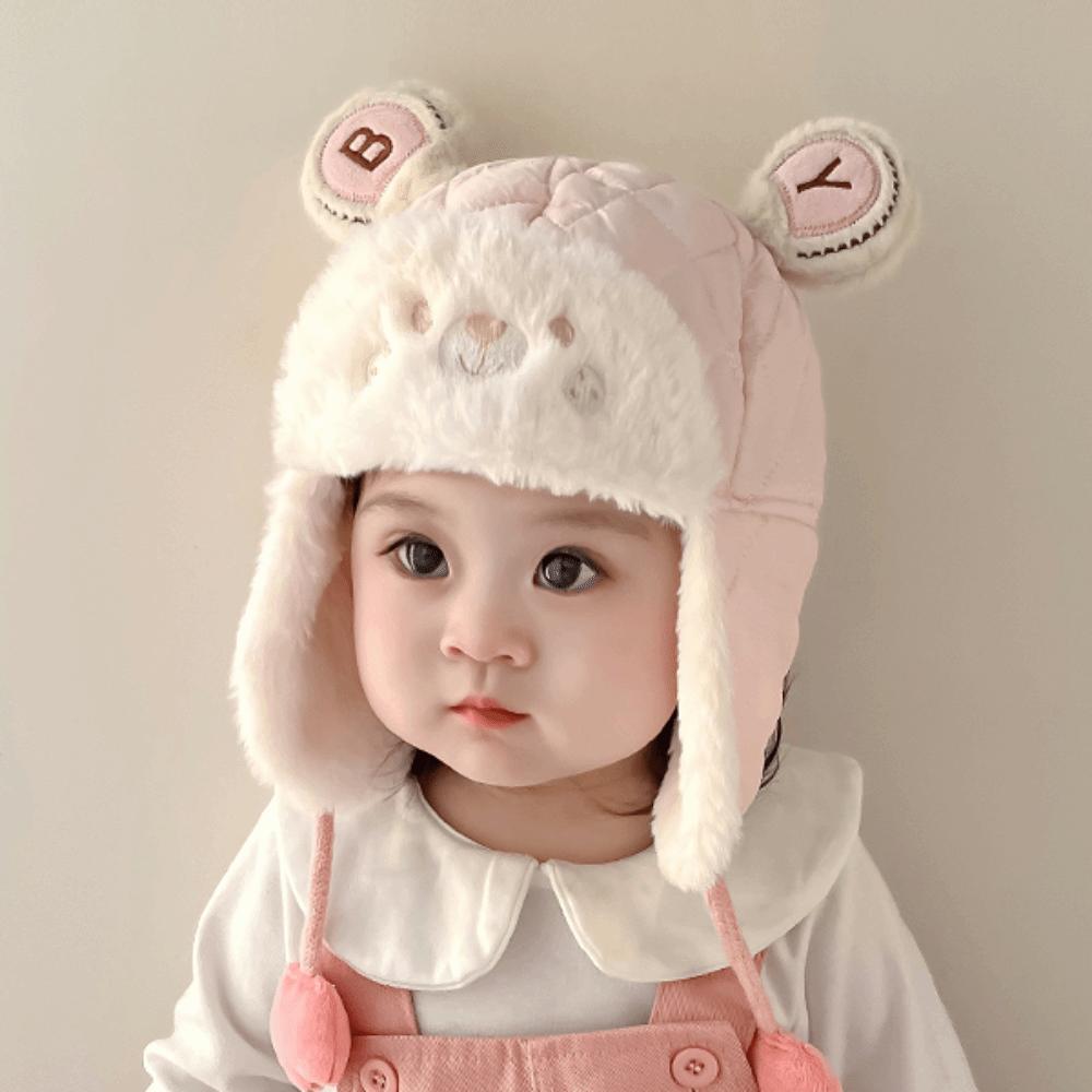 Plush Cartoon Bear Baby Hat Adjustable Trendy Baby Beanie Cap Warm Earmuffs Toddler Cap  Winter
