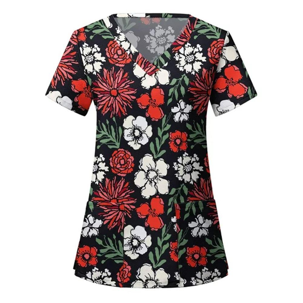 Women Nurse Uniform Floral 3D Print Tops V-Neck Pocket Medical Uniforms Nursing Short Sleeve T-shirt Tops Working Clothes