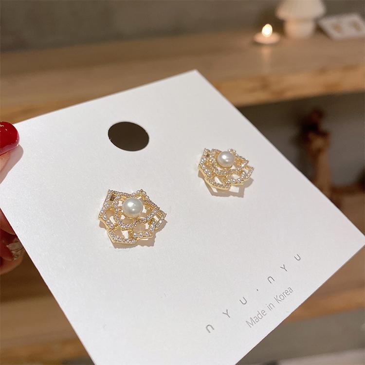 Korea Fashion Jewelry Exquisite AAA Zircon Pearl Hollow Flower 14K Real Gold Earrings Elegant Women's Daily Camellia Earring