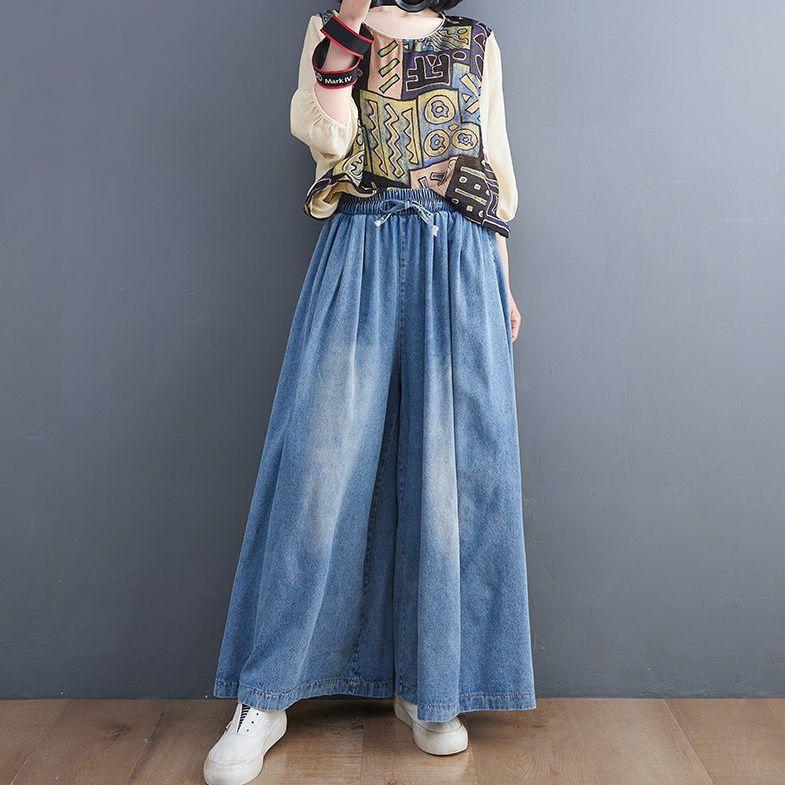 Summer Jeans Long Pants Plus Size Women Elastic Waist Pants Wide Leg Pants Loose Casual Denim Female Casual Trousers Pants