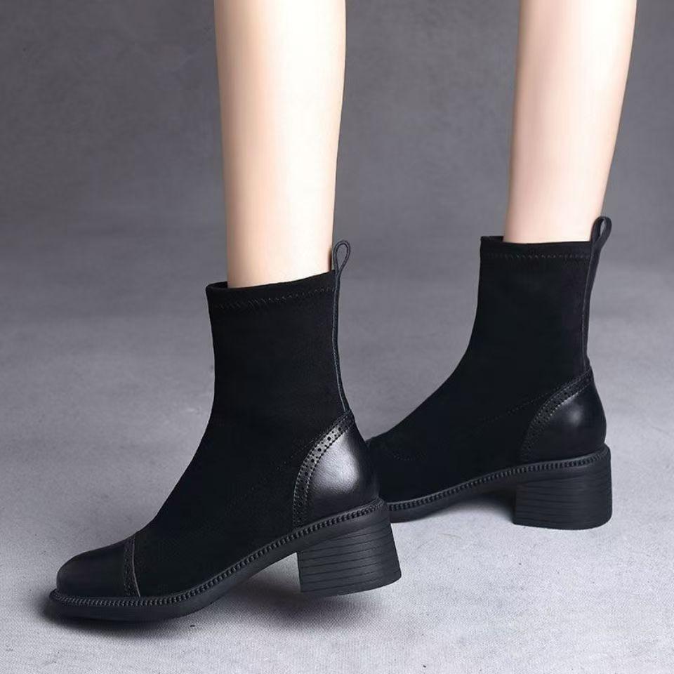 Winter new versatile velvet warm elastic boots women's retro non-slip thick heel fashion thin boots
