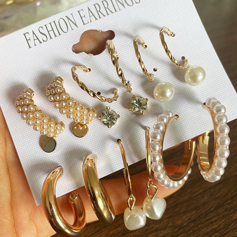 9Pairs/Set Bohemia Geometric Hoop Earring Set Vintage Boho Chain Pearl Earrings Women Star Heart Zircon Ear Studs Jewelry