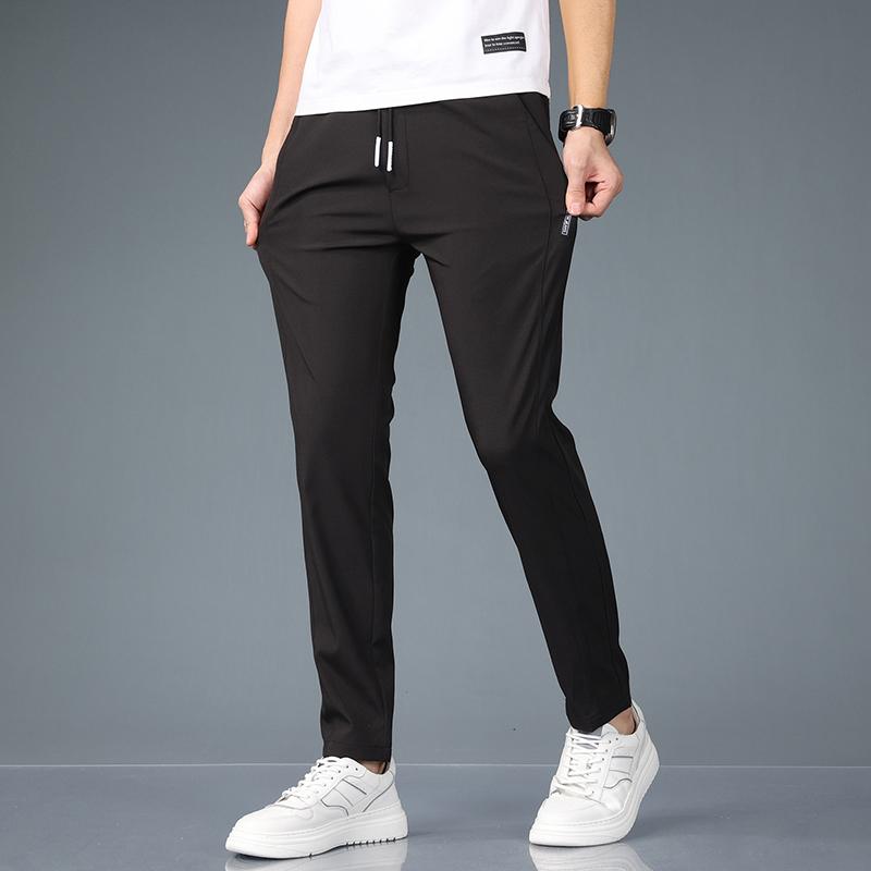 Ice Silk Men's Pants Summer Black Gray Thin Business Casual Pants Outdoor Elastic Breathable Straight Leg Sweatpants