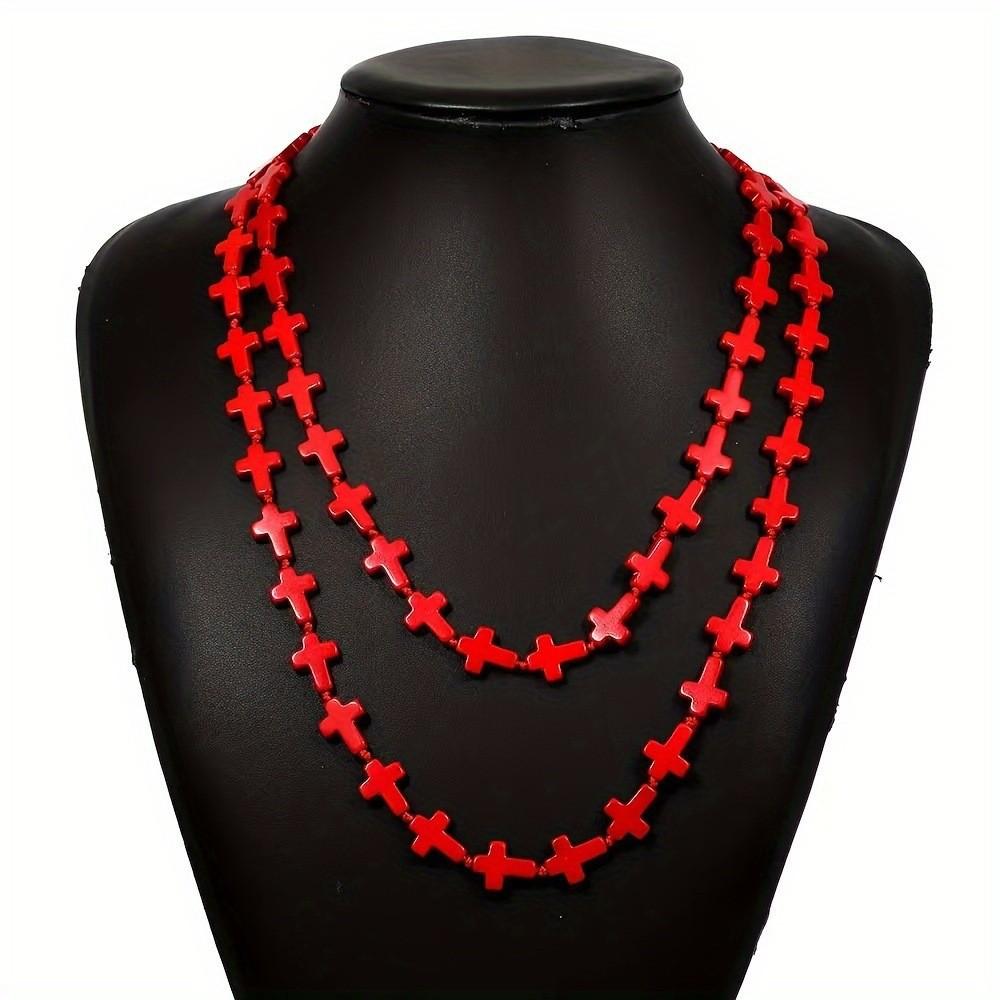 JMXD-Bohemian Retro Long Red Turquoise Necklace Original Design Ethnic Style Hand-knotted Long Necklace Cross