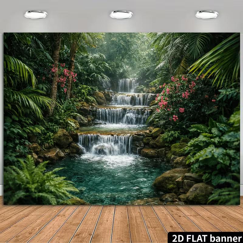 2D Lush Jungle Banner with Tiered Waterfalls Photo Booth Background Cloth