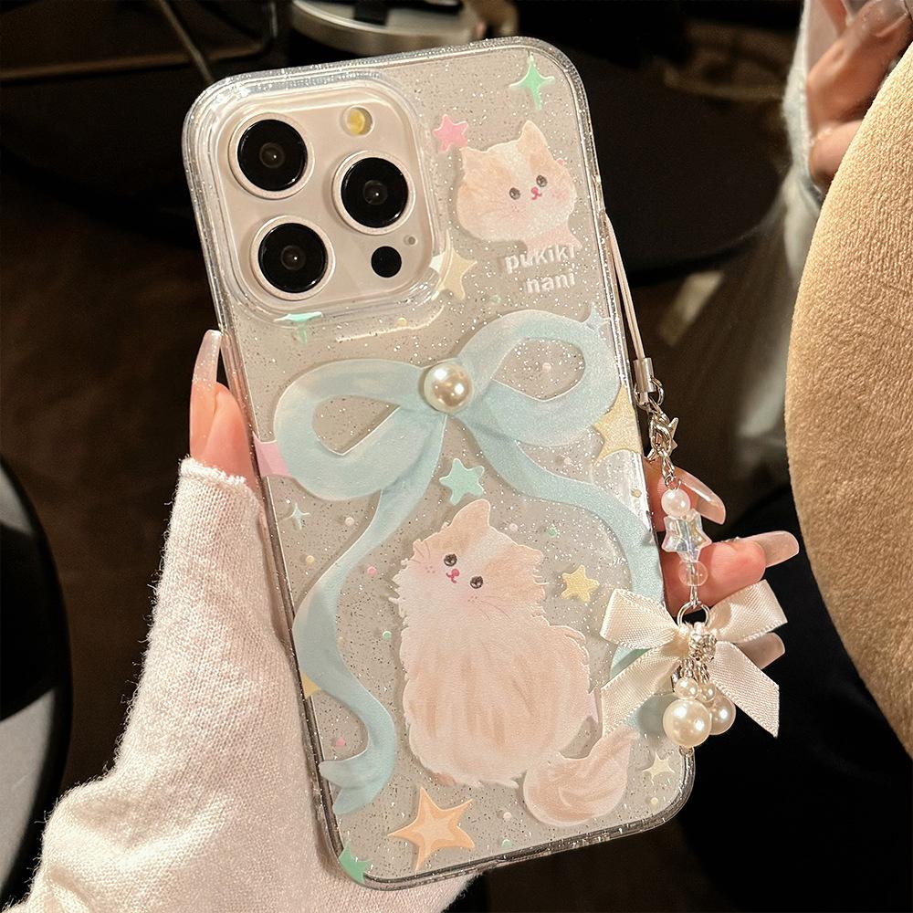 Glitter Phone Case Suitable for Apple 15promax Bow Cat 16 Fairy Style Iphone14 Soft 11 Lanyard