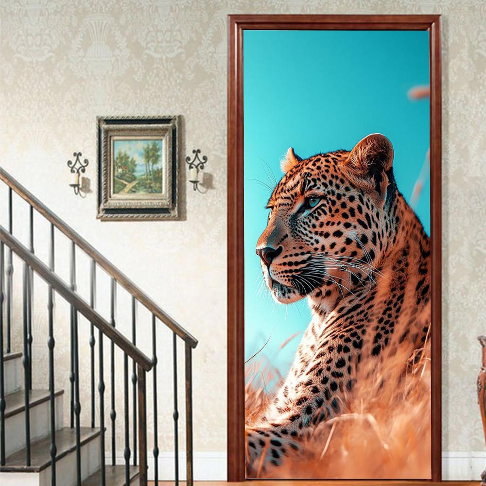 Pegatinas para puerta con diseño de león, realistas, despegables y pegables, para niños, decoración estética para sala de estar.