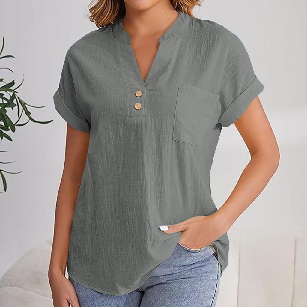 Women's Fashion Solid Color V Neck Button Pocket Short Sleeved Shirt Cotton Casual  T-shirt Top