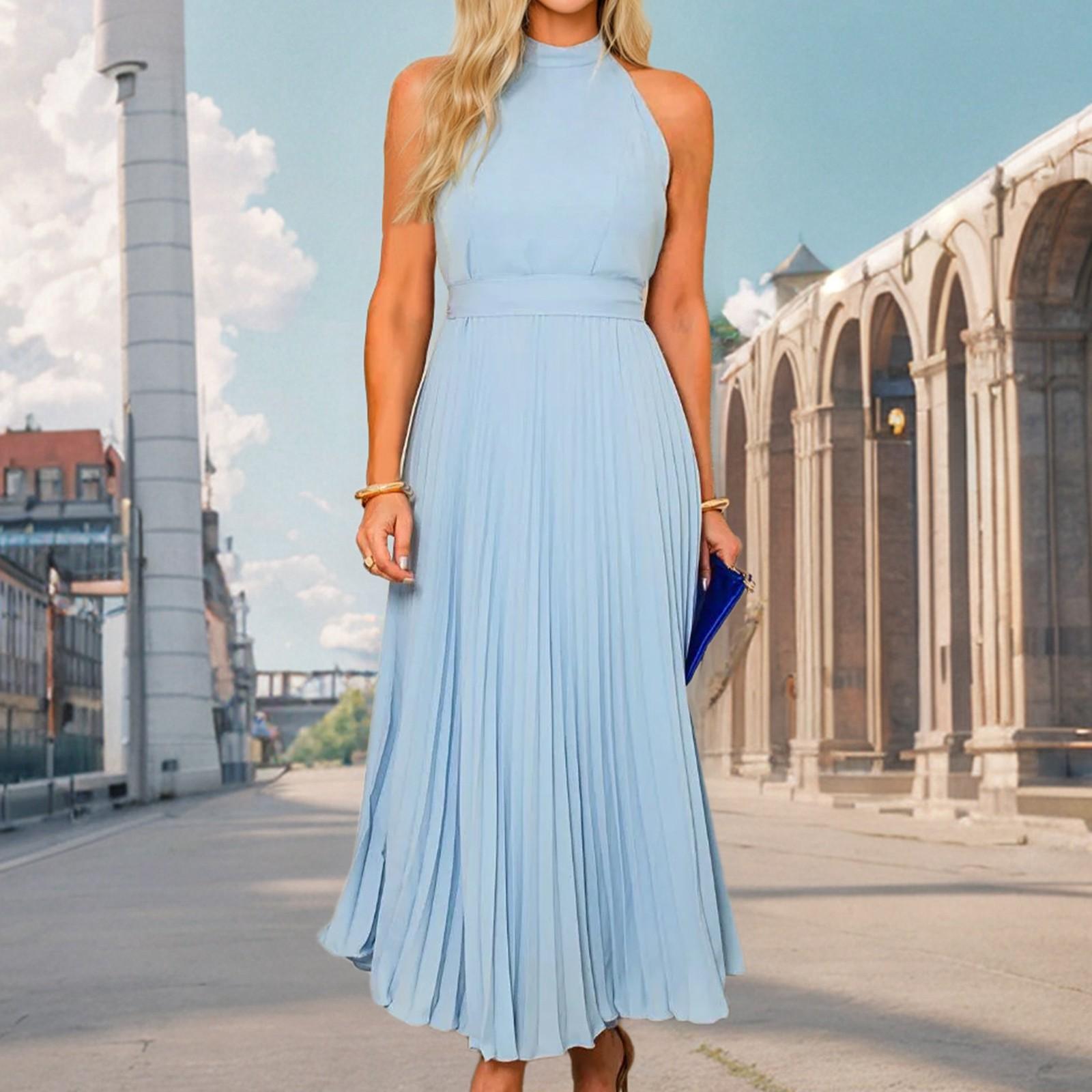 

Женское модное однотонное сексуальное платье без рукавов с воротником-стойкой, плиссированное вечернее платье XL светло-синий