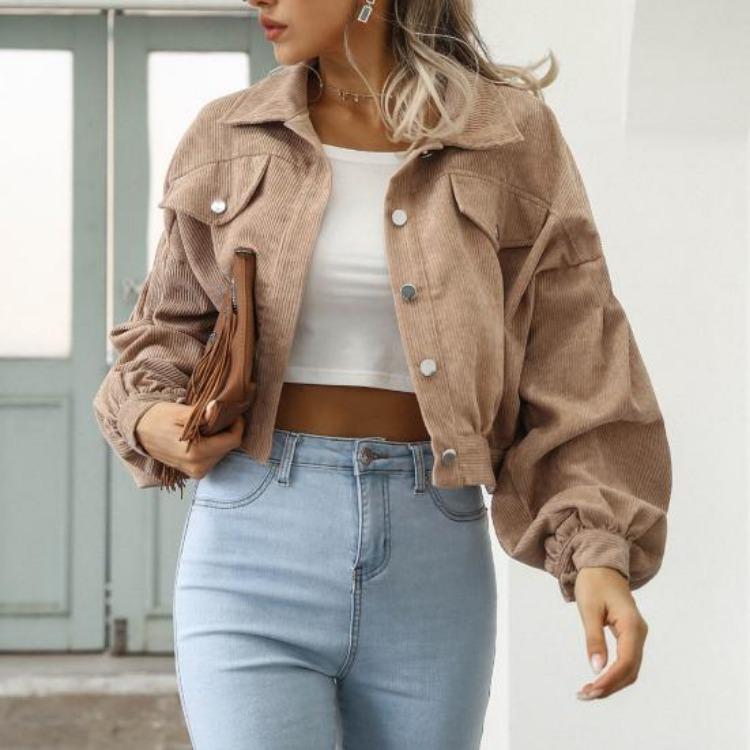 Giacca Corta in Velluto a Coste Vintage Autunnale da Donna Cappotto Monocolore Revers Manica a Lanterna Monopetto Capospalla