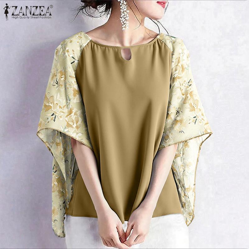 ZANZEA Women Casual Floral Print Splice 3/4 Sleeve Loose Blouse