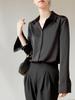 Women's Ash Blue Satin Long Sleeve Shirt - Retro Hong Kong Style, Spring Commute, Concealed Placket, Versatile Drapey Blouse