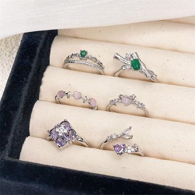 The Same Color Treasure Open Ring Light Luxury High Sense Imitation Opal Emerald Purple Zircon Ring Female