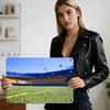HD Metal Tin Sign Lush Green Soccer Field with Empty Stadium Stands Under Bright Blue Sky Dynamic Sports Arena Landscape Wall De