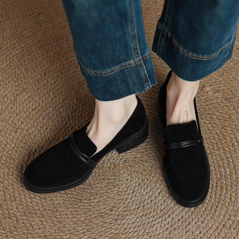 Fahren DNU Serie~ 2025 Frühling neue Kaschmir Samt Slipper Vollleder dicker Absatz Französische Samtschuhe