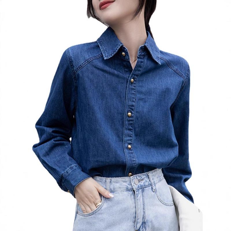 Dark Blue Retro Shoulder Port Soft Denim Shirt for Women To Wear Autumn, Winter and Spring New Small Top
