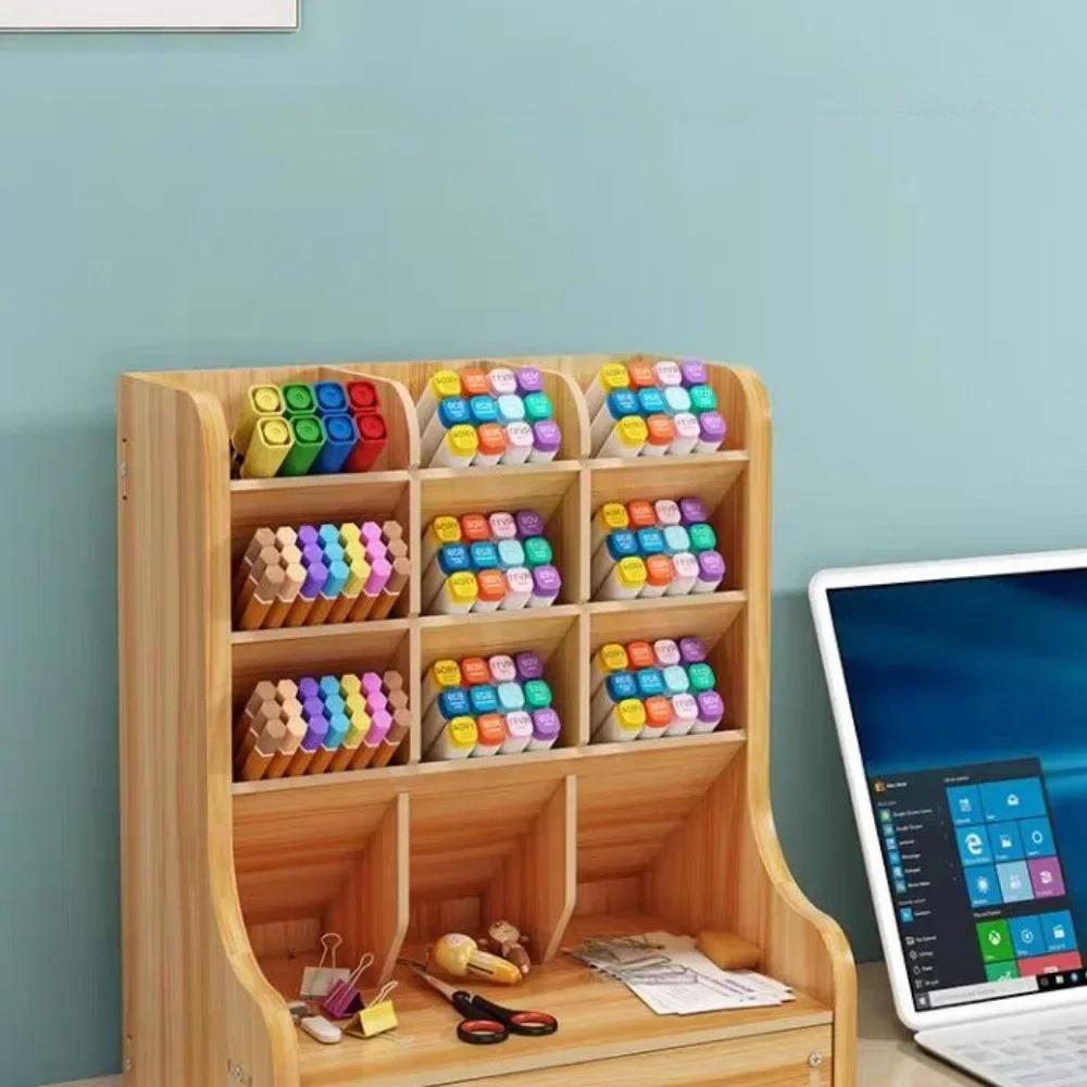 Wooden Pen Holder with Drawer Multi-Functional Desktop Stationary Pencil Box Home Office Art Supplies Rack