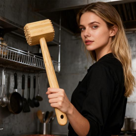 Meat Hammer Double-sided Bamboo Meat Tenderizer And Softener Long Handle Hanging Hole Kitchen Tool