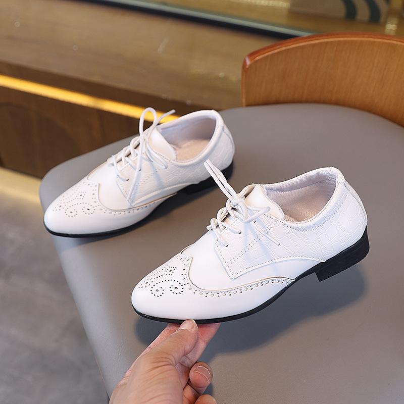 Children Leather Shoes New Retro Boys Loafers Fashion Lace Up Pointed Toe Dress Shoes British Style Kids Oxford Shoes 26