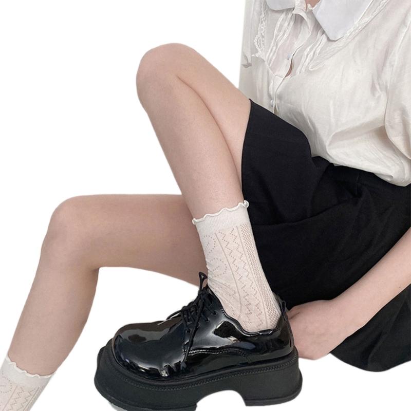 Womens Eyelet Crew Socks, Thin Comfort Breathable Dress Socks, Above Ankle Crew Socks for Womens Schoold Girl