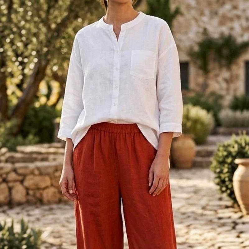 Women S Solid Color Stand Collar 3 4 Sleeve Loose Fit Patch Pocket Commute Blouse S