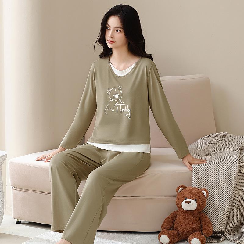 Pajamas Women's Spring and Autumn Pure Cotton Long-sleeved Autumn Cotton Thin Casual Fake Two Autumn and Winter High-end Loungewear