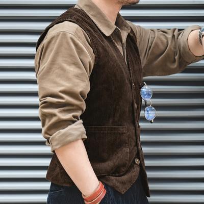 Men Waistcoat V-Neck Sleeveless Single Breasted Vest Coat with Multi-pocket Design Solid Color Corduroy Waistcoat