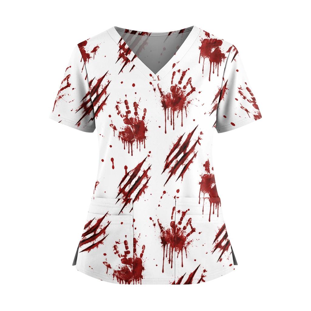 Women V Neck Short Sleeve Split Hem Halloween Print Scrub Top with Dual Pockets for Nurse and Caregiver Uniform