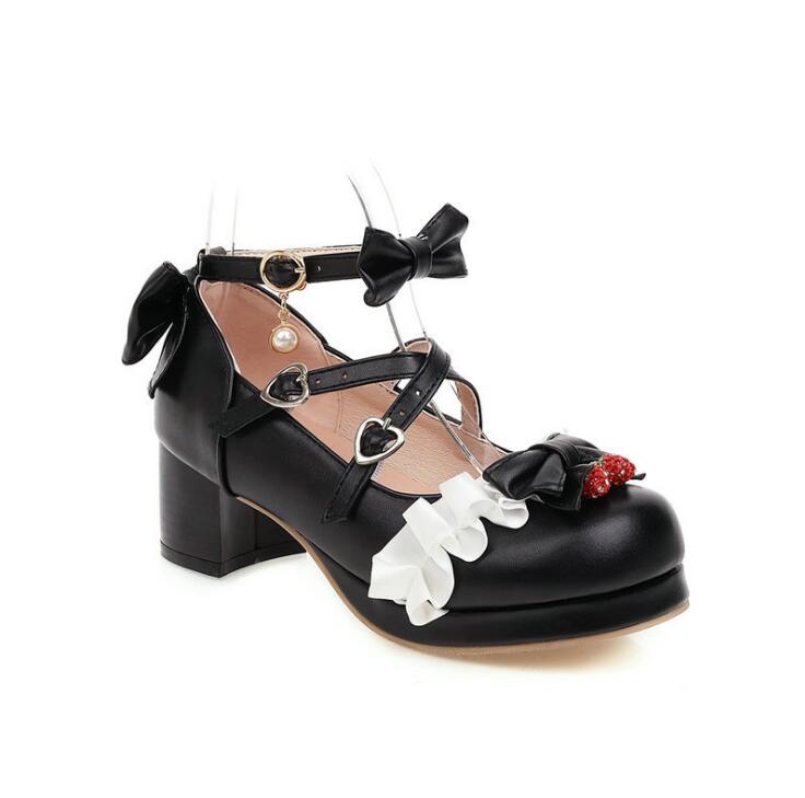 Girls' Shoes Ladies Heels Platform Cute Bow Lace Princess Mary Jane Lolita Shoes Party High Heel Buckle Women Pumps Pink 30-43