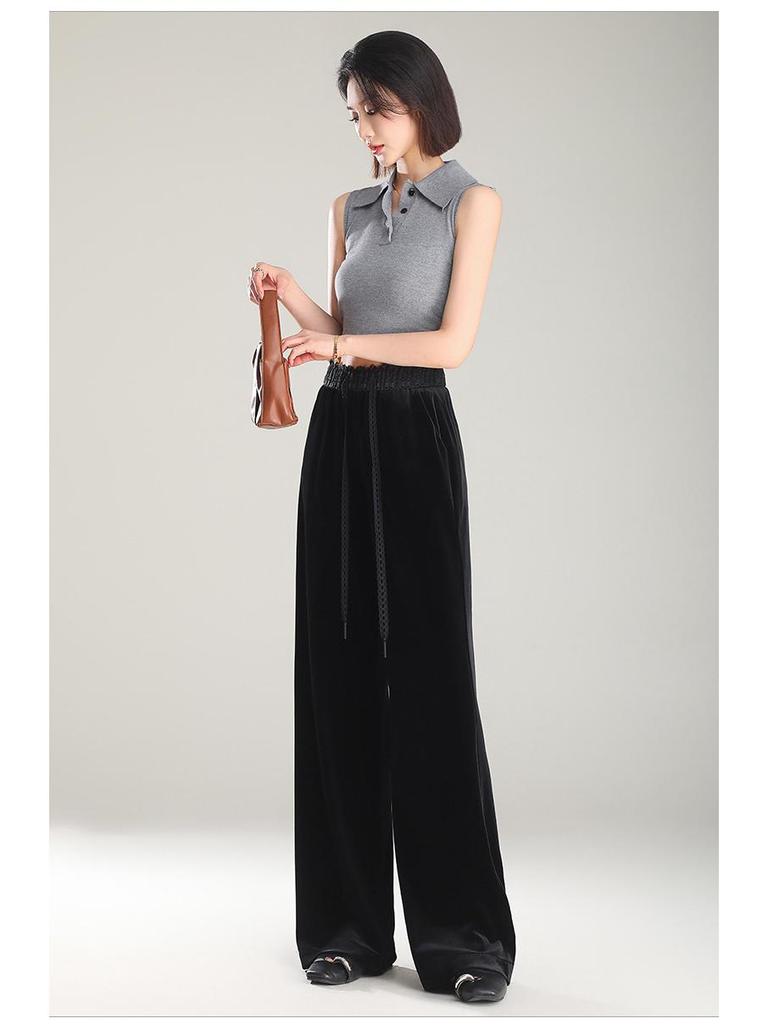 Women's High-Waist Golden Velvet Wide-Leg Pants - Spring/Summer 2026 Collection, Fashionable Black Drapey Casual Style.