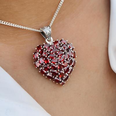 Red Heart Necklace Pendant, Garnet Gemstone Handmade Heart Pendant, 925 Solid Sterling Silver
