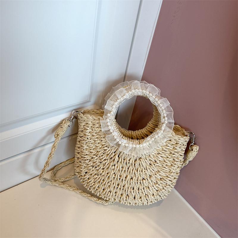 Adorable And Fashionable Woven Kids Handbag In White And Khaki Ideal For Preschoolers