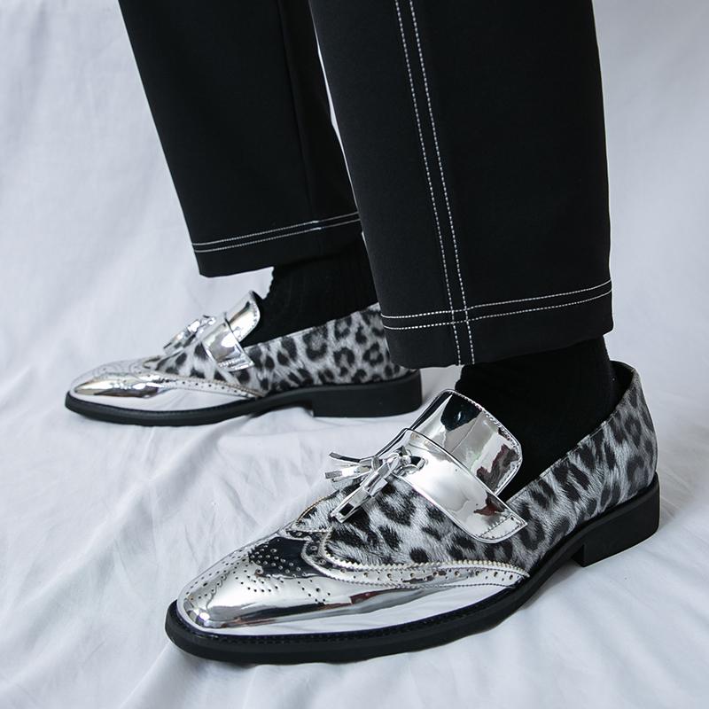 Fashion Fashionable Tassel Leather Shoes European American Style Leopard Print Patent Leather Glossy Men's Shoes Trendy Low Top Loafers