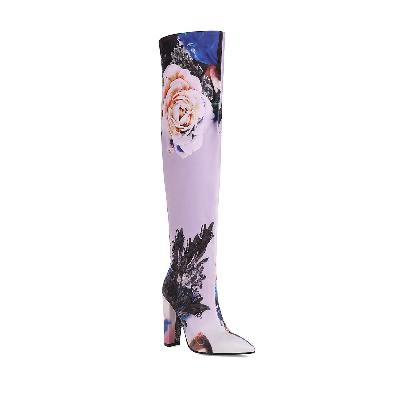 

Printed Dyed Fabric Trendy Thick Heel Pointed Toe Over-The-Knee Boots Graffiti Print Flower Camouflage Ethnic Pattern Boots 34 фіолетовий
