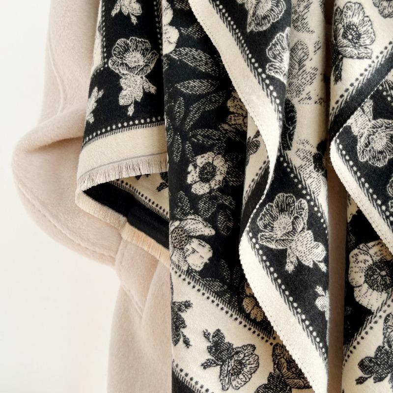Scarf women's new winter tassel shawl floral versatile cashmere thickened warm and cold-proof scarf dual-purpose
