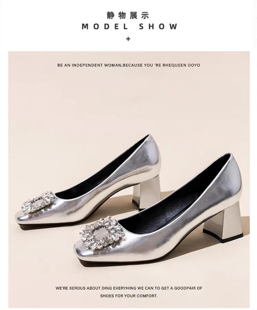 French Temperament Silver High Heels Women Soft Leather 2024 Spring and Autumn New Thick Heel Square Head Crystal Single Shoes