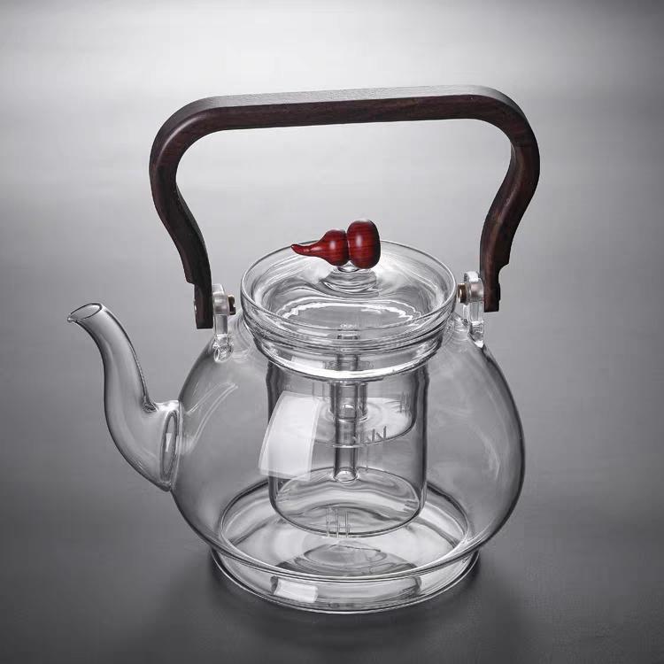 Large Capacity 1000ml Steaming and Boiling Heat-resistant Glass Teapots With Infuser Filter Wooden Handle Lifting Beam Tea Pot