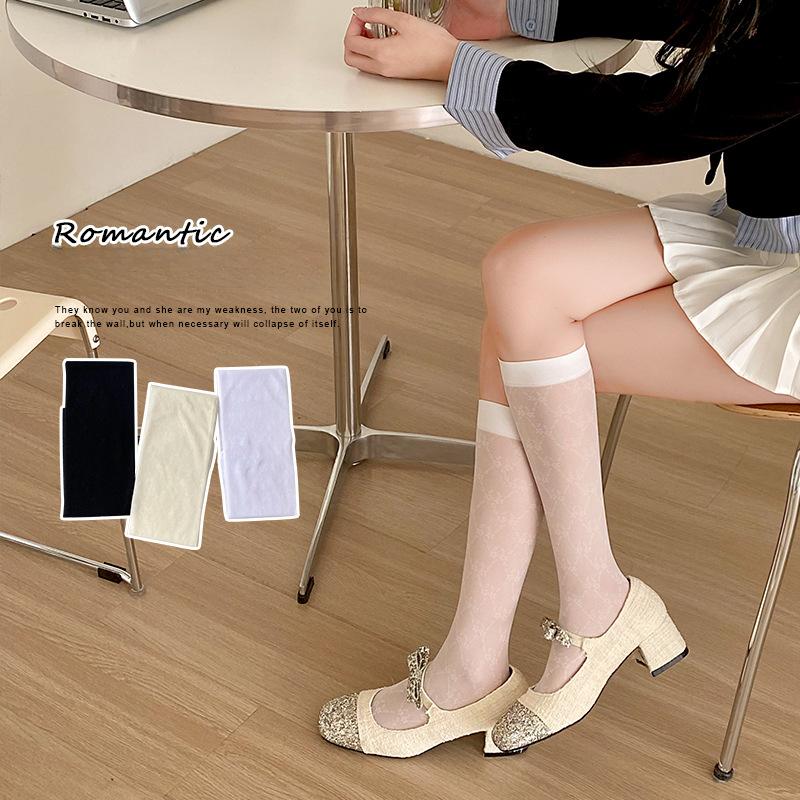 

Women s Spring and Summer Thin Diamond Shaped Small Flower Long Calf Socks 1 pair чорний