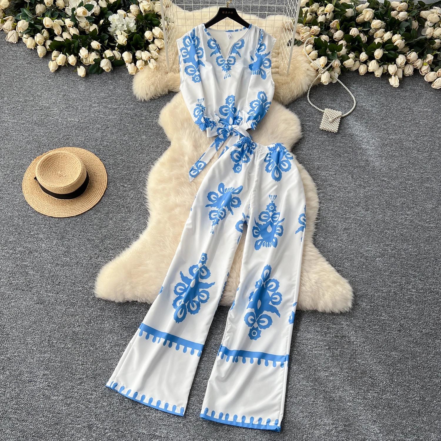 

Женские шикарные комплекты из двух предметов, укороченный топ с v-образным вырезом, без рукавов, с принтом, базовые высокие брюки, модные летние комплекты One Size