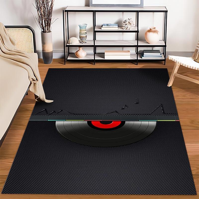 "Black Vinyl Record Pattern Carpet Modern Music Themed Floor Mat" Suitable for use as an anti-slip for living room bedroom sofas