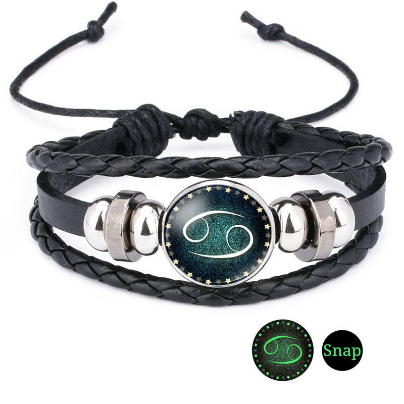 Luminous Twelve Constellation Artificial Gemstone Bracelet ;Beaded Rope Pu Leather 12 Constellation Woven Bracelet