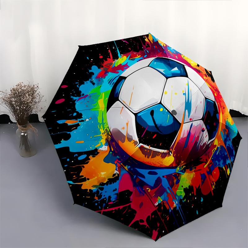 Soccer Ball Artwork Automatic Folding Umbrella  Simple Eight Rib Design, Bright Color Pattern, Durable Iron Frame, Ideal for Travel and Outd