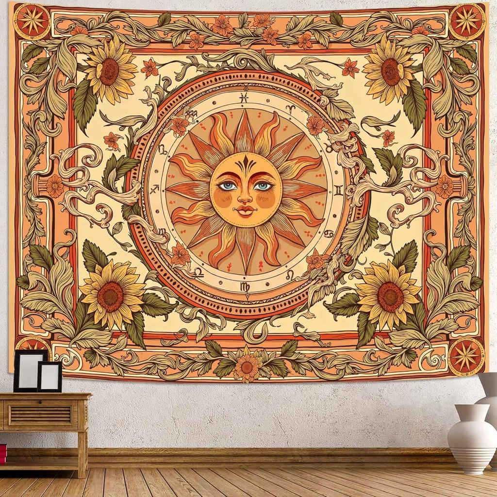Accnicc Sun and Moon Tapestry for Bedroom Hippie Boho Floral Flower Plant Wall Tapestry Aesthetic Vintage Galaxy Celestial Star