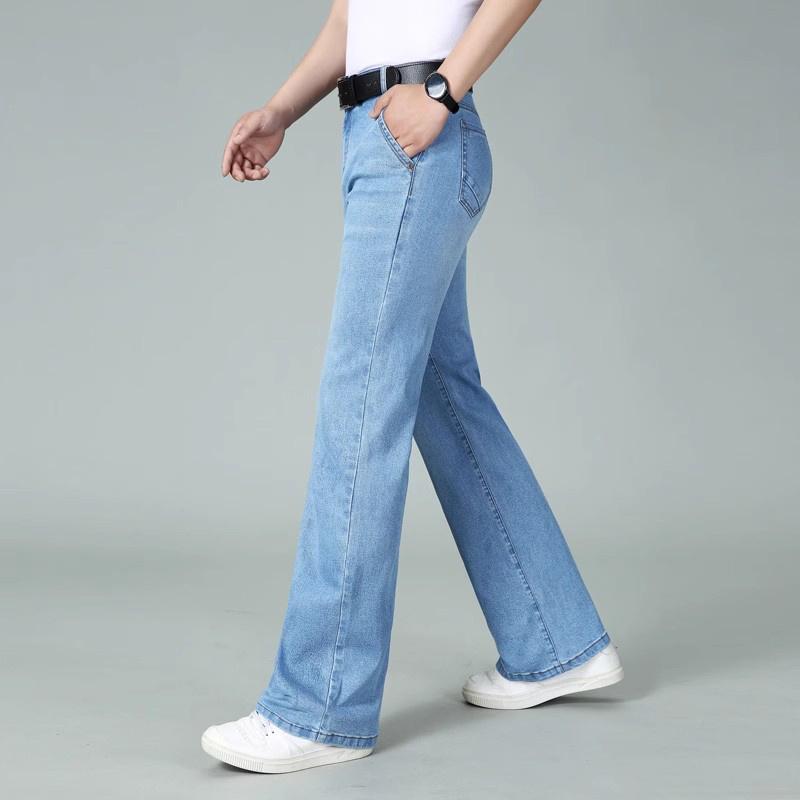 Men's Large Size Mid-Rise Elastic Loose Jeans Men's Casual Straight Light Blue Jeans